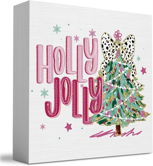 Pink Merry Christmas Wall House Decor Holly Jolly Christmas Tree Coquette Sign, Office Home Decor for Desk Table Shelf 5 X 5 inch