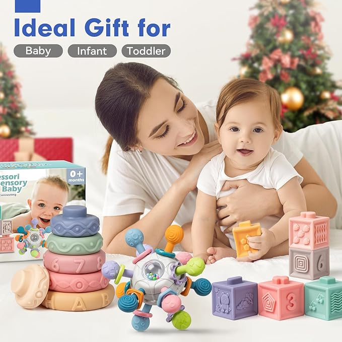 SpringFlower 3 in 1 Montessori Toys for Babies 0-3-6-12 Months, Rattle Teether & Baby Blocks & Soft Stacking Rings, Sensory Developmental Education Toys,Gift for Toddler Baby 0-3-6-12-18 Months