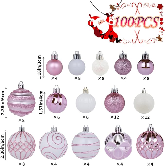 100Pcs Christmas Ball Ornaments Set, Shatterproof Plastic Pink and White Christmas Ornaments for Xmas Tree, Assorted Baubles Hanging Decorations for Holiday/Party/Wedding