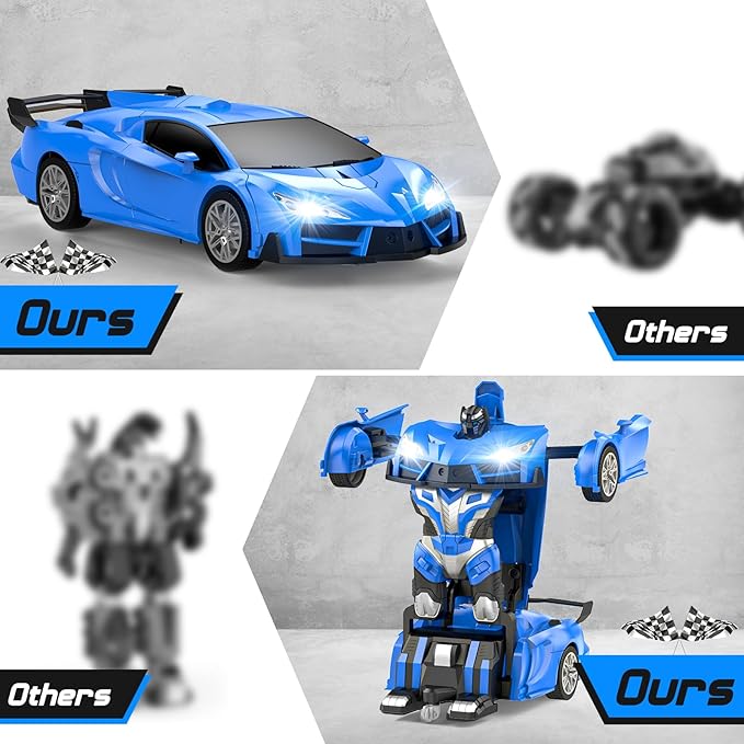 Remote Control Car，Transform Robot RC Cars with Cool LED Headlights, 2.4Ghz Toys Car with 360 Degree Rotation and One-Button Deformation, Christmas Birthday Gifts for Boys Girls(Blue)