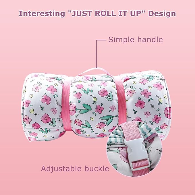 Toddlers Nap Mat with Removable Pillow and Soft Blanket, Lightweight Daycare Preschool Kindergarten Sleeping Bag, Travel Slumber for Kids Girls Boys