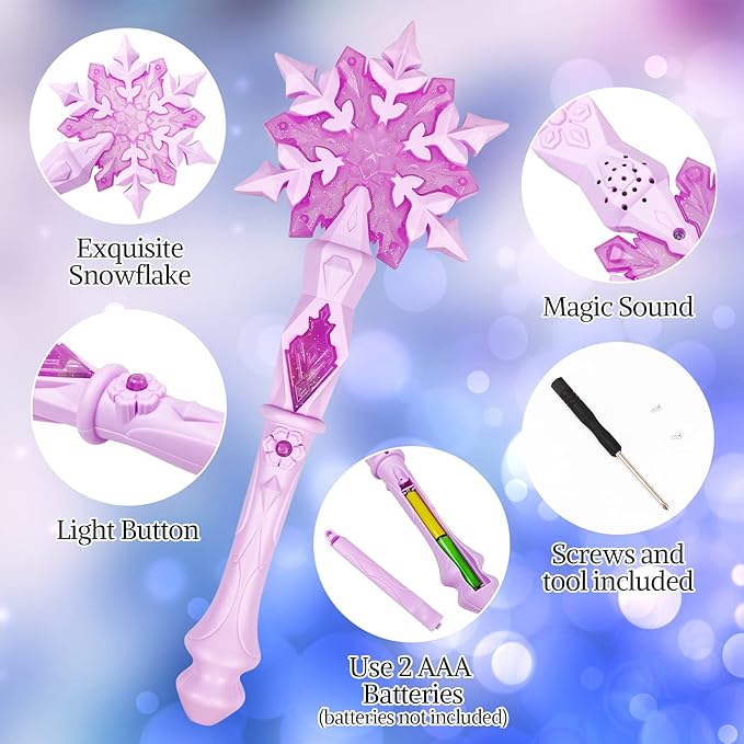 KingGlee Light Up Frozen Snowflake Wands with Sound(Motion Sensitive) Magic Toy for Kids Girls Princess Party Favors Costume Cosplay Accessories 2 Pieces Pink