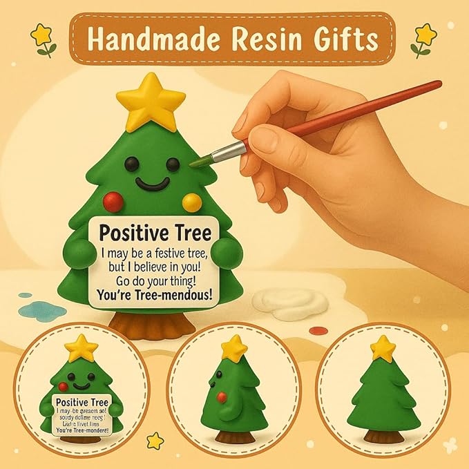 iStatue Mini Christmas Tree Hand-Painted Resin Positive Figurine, 5'' Xmas Decoration Indoor Desk Décor | Cute Motivational Gift, Stocking Stuffer, Holiday Mantel & Office (Green Tree)