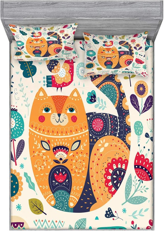 Ambesonne Paisley Fitted Sheet & Pillow Sham Set, Little Smiling Cheek Cat Animal Various Oriental Leaf Flower Artwork, Decorative Printed 3 Piece Bedding Decor Set, Queen, Orange Multicolor