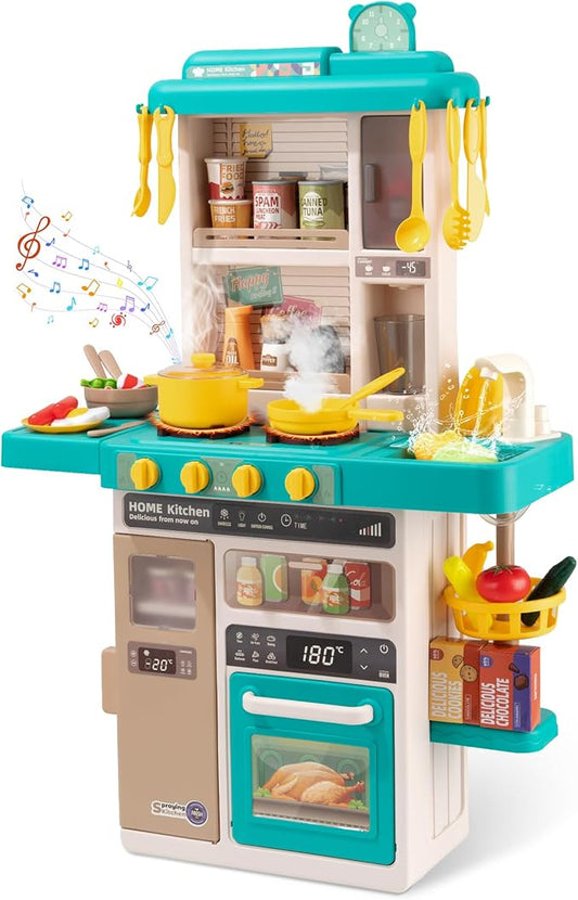 Kids Kitchen Play Set，Interactive Kids Kitchen Play Set with 50Pcs of Pretend Kitchen Toys，Realistic Sound Effects，and Simulated Functionality - Suitable for Toddlers Aged 3-5 Years (Green)