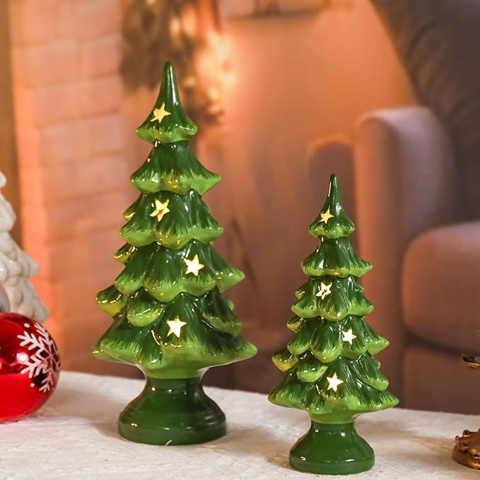 Taman Ceramic Christmas Tree, 2 Pack Tabletop Light Up Decoration with Warm Lights for Christmas Holiday Indoor Decorations