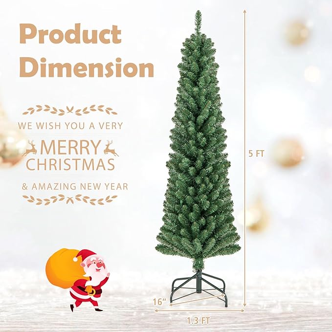 GOFLAME 5FT Prelit Pencil Christmas Tree, Slim Artificial Xmas Tree with 295 Memory Wire Branch Tips, 110 Warm White LED Lights & Upgraded Metal Stand, Seasonal Holiday Decoration Tree for Home Party