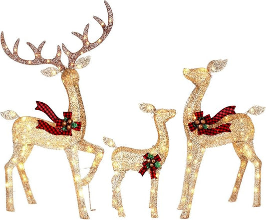 3-Piece Large Lighted Christmas Deer Family Set, 3D Reindeer Christmas Indoor and Outdoor Decoration with 225 Warm White LED Lights, Ground Pegs, Cable Ties. Suitable for Patio Garden Party-Champagne