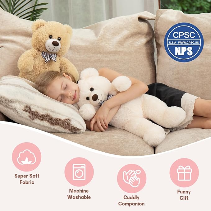 MorisMos Bow Tie Teddy Bear Stuffed Animal, 20 Inch Classic Stuffed Bears Plush, Cuddly Hugging Bear Gift for Toddler, Kids, Baby Shower & Birthday, Brown