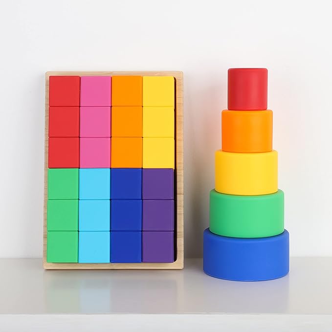 BLUE GINKGO Silicone Rainbow Blocks – [24 PC] Giftable Soft Blocks for Kids, BPA-Free Montessori Stacking Toy with Sorting Tray (Vibrant)