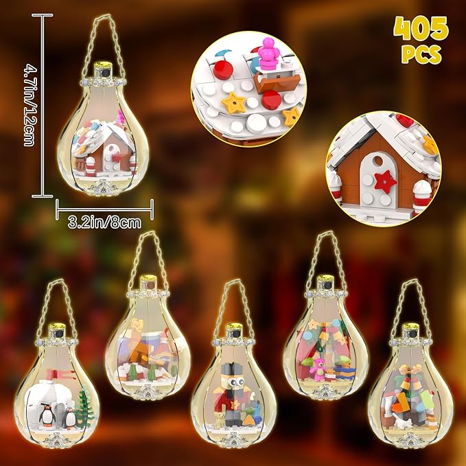 6 Pack Christmas Tree Bulb Ornament with Light Building Set, Including Gingerbread House, Penguin House, Christmas House, Fireplace, Nutcracker, Reindeer, Stocking Stuffer Toy Gifts for Kids.(405PCS)