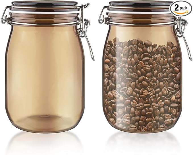 2 Pcs PET Plastic Storage Jar with Clamp Lid Empty Food Storage Container Bottle Large Refillable Canister For Nuts Sugar Coffee Candy Cookie Tea Spices And More (amber, 1000ml/33oz)