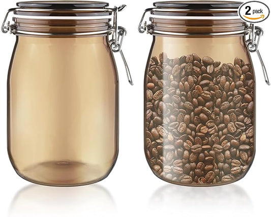 2 Pcs PET Plastic Storage Jar with Clamp Lid Empty Food Storage Container Bottle Large Refillable Canister For Nuts Sugar Coffee Candy Cookie Tea Spices And More (amber, 1000ml/33oz)