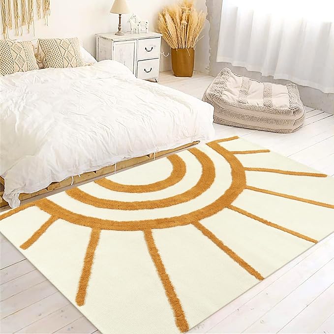 OJIA Boho Area Rug 4'x6', Tufted Living Room Rug Cotton Woven Machine Washable Rugs Beige Bedroom Rug, Farmhouse Tribal Floor Carpet Accent Rugs for Nursery Room/Dining Room