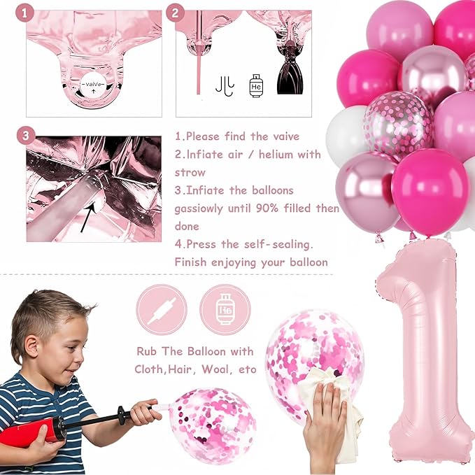 1st Birthday Decorations Girls, Pink First Birthday Balloon Set Hot Light Pink White Confetti Balloons Number 1 Balloon Heart Bday Banner Cake Topper for Baby Girl Princess 1 Year Old Bday Party Decor