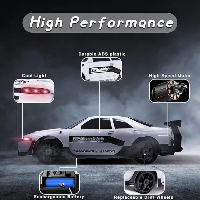 2.4GHz High Speed RC Drift Car, LED Lights, 4WD, Two Batteries Included, Drift Tires, for Kids & Adults, White