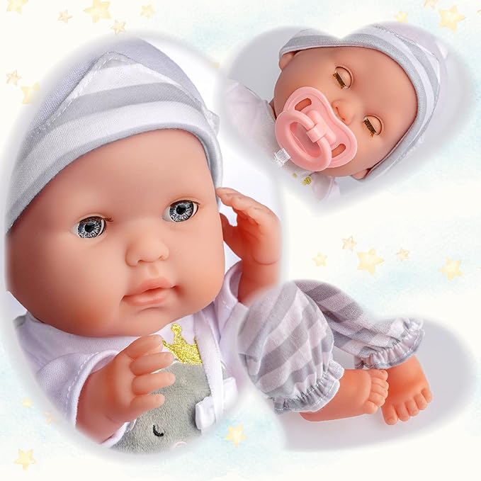 15" Realistic Soft Body Baby Doll with Open/Close Eyes | JC Toys - Berenguer Boutique | Bottle & Pacifier | Grey | Ages 2+
