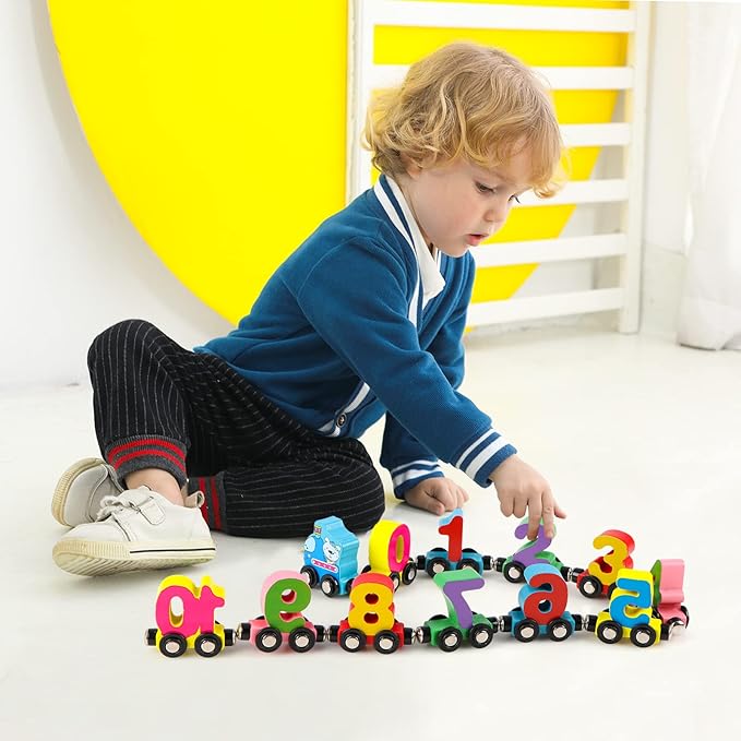 Wondertoys 12 PCS Wooden Number Train Set Toy Includes 1 Engine Cars for Toddlers Boys and Girls, Compatible with Major Brands Train Set Tracks