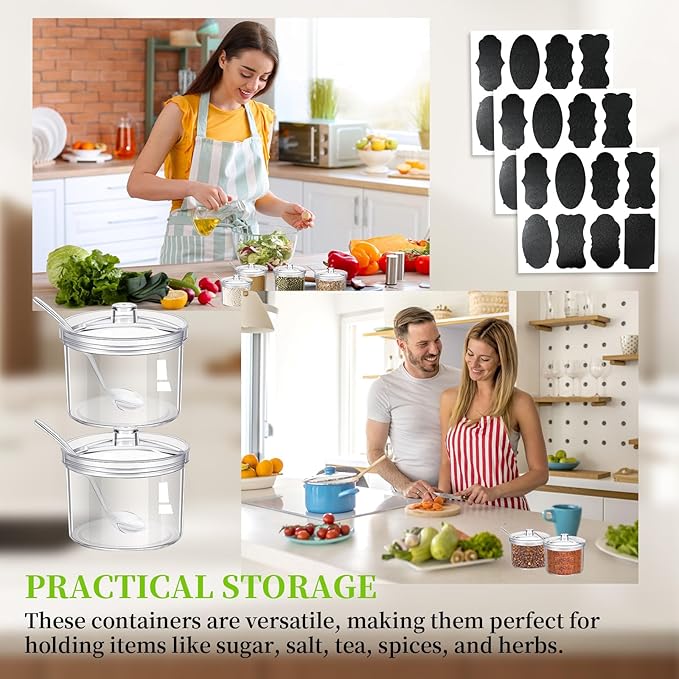 14 Pieces Acrylic Sugar Containers with Lids and Spoons for Countertop, Clear Sugar Holder Dispenser Salt Bowl with 10 Labels for Serving Condiment Candy Coffee Tea Spices Herbs (7.1 oz)