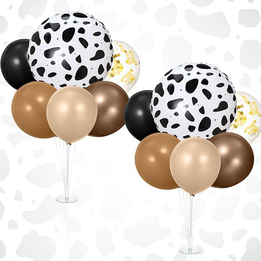 2 Sets Western Cowboy Party Decorations Table Centerpiece Brown Neutral Balloon Stand Kit with Large Cow Print Foil and Latex Balloon for Baby Shower Farm Animals Birthday Bachelor Supplies