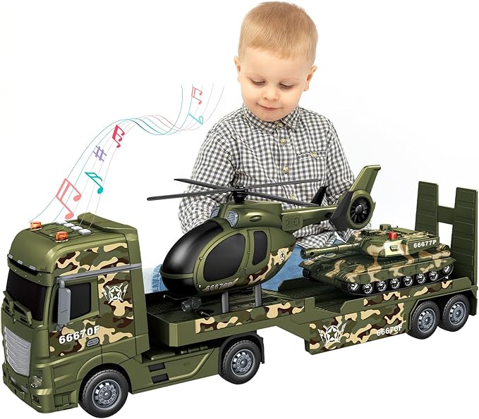 3-in-1 Military Truck Toys for Kids Ages 3-6 - Inertia Semi Trailer with Helicopter & Tank, Light and Sound Army Vehicles