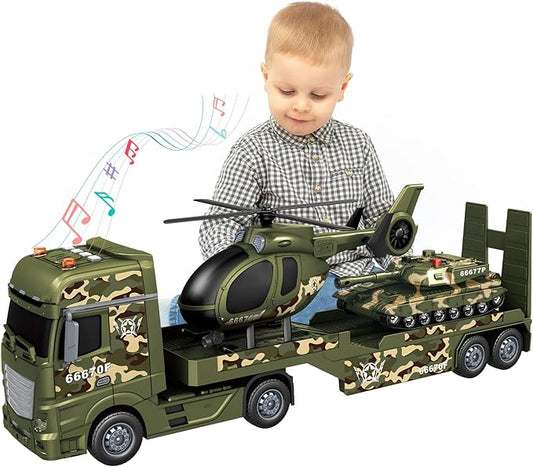 3-in-1 Military Truck Toys for Kids Ages 3-6 - Inertia Semi Trailer with Helicopter & Tank, Light and Sound Army Vehicles