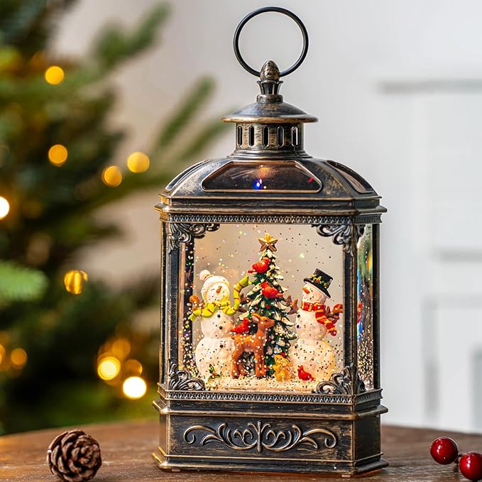 Christmas Snow Globes Lantern Christmas Snow Globe with Music Snowman and Christmas Tree,6H Timer,USB Lined/Battery Operated Lighted Lantern for Christmas Festival Decoration Gifts