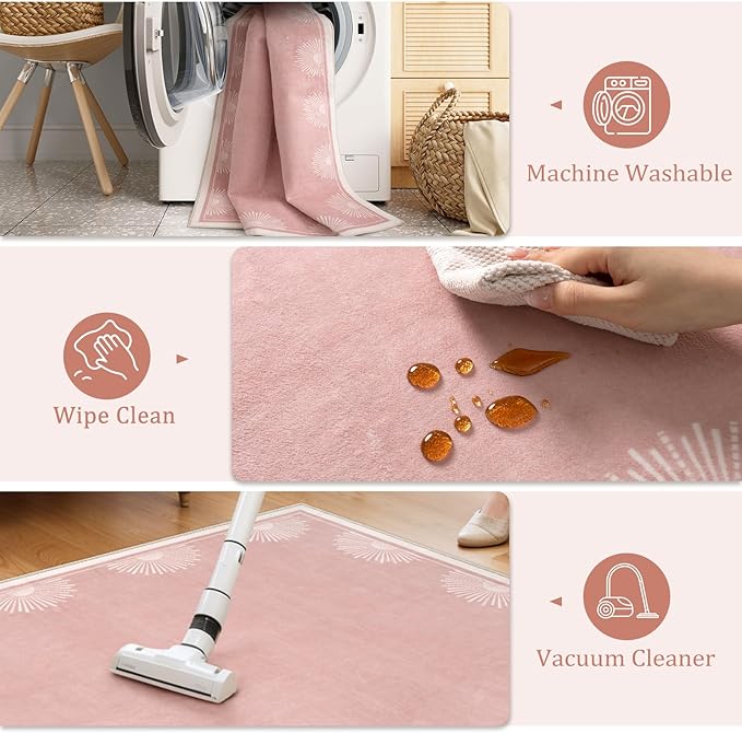 Modern 5x7 Pink Area Rugs for Bedroom Girls, Ultra Thin Washable Nursery Rug for Kids Room, Soft Sun Print Living Room Rug,Boho Non Shedding Floor Carpets for Classroom Dorm(5'x7',Pink)