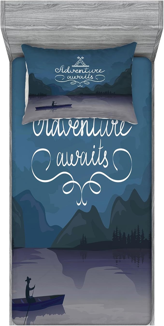 Ambesonne Saying Fitted Sheet & Pillow Sham Set, Kayak in a Mountain Lake at Night Camping Activity Lifestyle Adventure Words, Decorative Printed 2 Piece Bedding Decor Set, Twinxl, Purple Grey Teal
