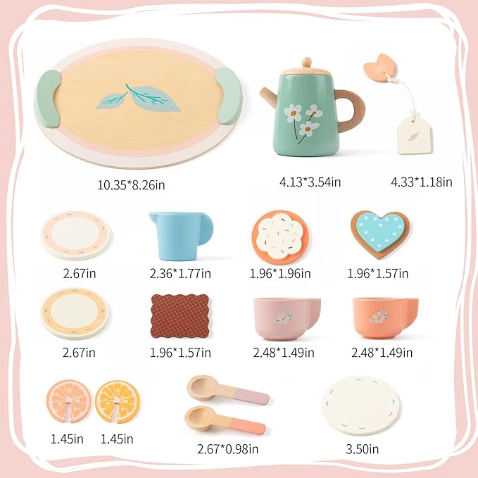 Tea Party Set for Little Girls, Wooden Kids Tea Set with Teapot Cups Coasters Carrying Dessert, Picnic Outdoor Toys Pretend Play Kitchen Accessories for 3 4 5 Years Old