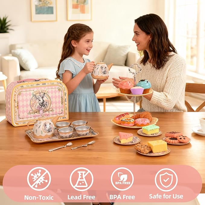 Tea Party Set for Girl, Tea Time Toys Including Tea Set Dessert Carrying Case, Kids Picnic Pretend Playset for Little Girls Birthday Toddler Kids Age 3-7