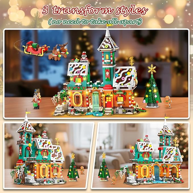 3 Style Christmas Gingerbread House Building Set with Lights - 2025 Holiday Castle Building Block Toy with Santa Claus Xmas Tree Gifts for Adults Teens Kids Girls Boy Ages 10+ (1976PCS)