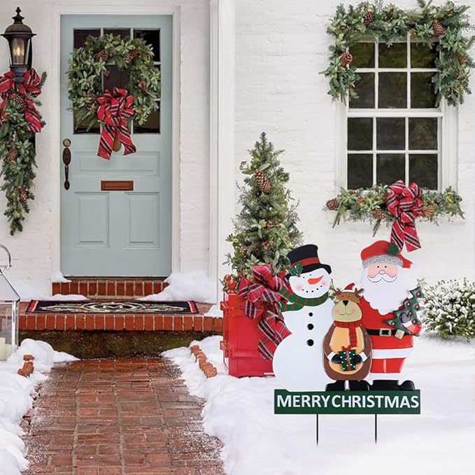 YEAHOME Outdoor Christmas Decorations, 3 Metal Snowman Santa Claus Deer Decorative Garden Stakes for Christmas Outdoor Yard, Xmas Signs for Home Outside Yard Lawn Porch Pathway Xmas Decor