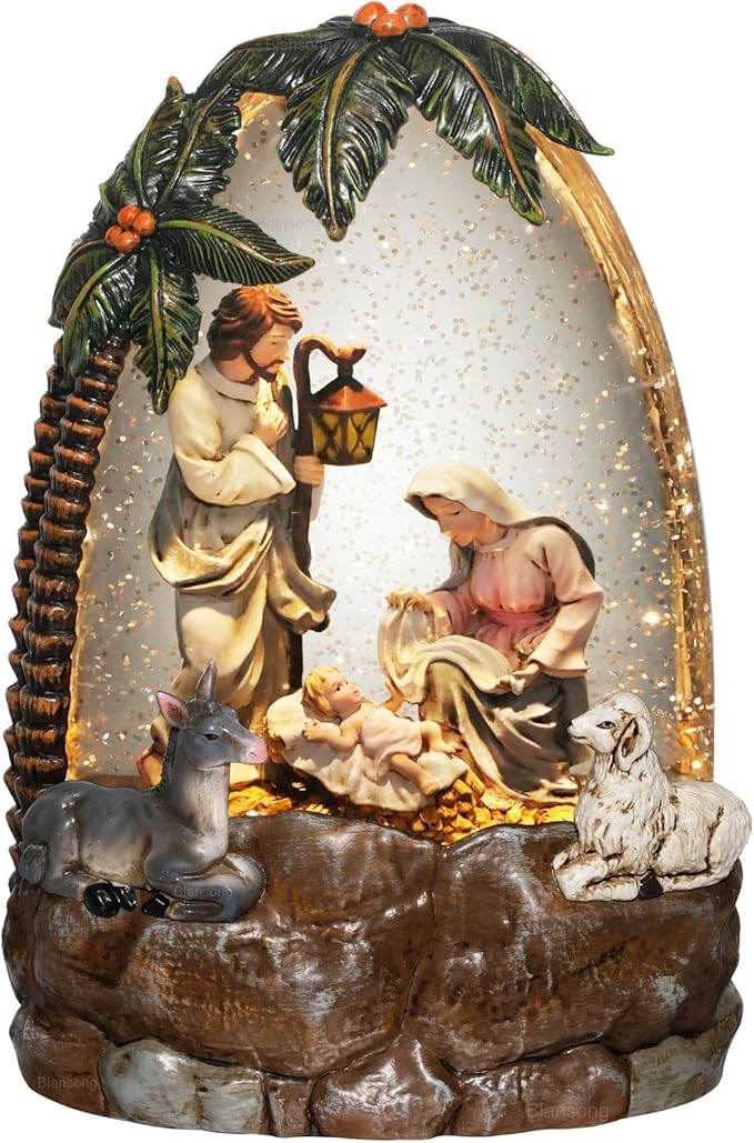 Nativity Snow Globe Christmas Decorations for Home Nativity Scene with Timer Music Sheep Donkey 8.8 inch