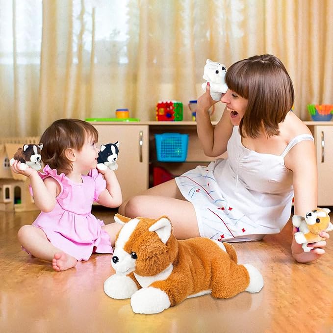 5 Pcs Corgi Stuffed Animal with 4 Babies Puppy Inside Big Mommy Dog Stuffed Animals in Zipper Belly Pouch, Cute Stuffed Corgi Plush Gifts for Kids Boys Girls Birthday Christmas Easter Stuffers Gifts