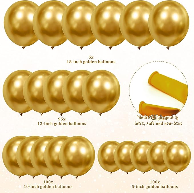 300 Pcs Latex Balloons Different Sizes 5/10/12/18 Inch Party Anniversary Balloons Bulk for Birthday Wedding Baby Shower Party Decoration(Gold)