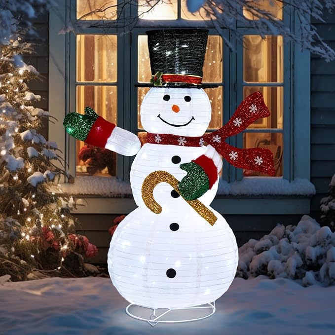 Outvita Outdoor Christmas Decorations 4 FT Lighted Snowman, White Foldable Snowman with 100 LED Lights Red Scarf Black Hat, Perfect for Xmas Indoor and Outdoor Lawn Garden Yard Holiday Decor