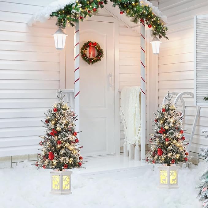 3FT Prelit Artificial Christmas Tree with Lights, 3 Foot Artificial Christmas Tree with Snowflake Base, 78 LED Prelit Christmas Tree, Battery Operated, Timer, Easy Assembly, Winter Holiday Decor