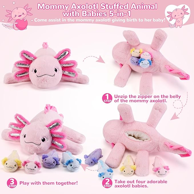 5 Pieces Axolotl Stuffed Animals with Babies Inside Belly - 1 Mommy Stuffed Axolotl with 4 Babies - Pink Axolotls Plush Toy for Kid Age 3-8, Gift Ideal for Christmas, Valentine's, Birthday