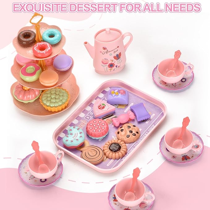 Kids Plastic Tea Party Set for Toddlers & Girls Ages 3-8 – Princess Pretend Play Kitchen Toy with Carrying Case, Teapot, Cups, Saucers, Dessert Toys & Tray | Gift for Little Girls Birthday