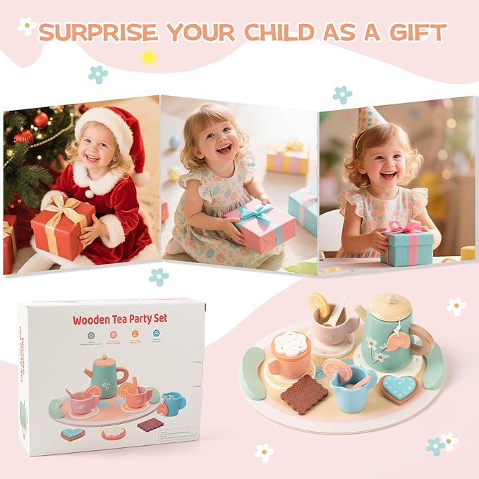 Tea Party Set for Little Girls, Wooden Kids Tea Set with Teapot Cups Coasters Carrying Dessert, Picnic Outdoor Toys Pretend Play Kitchen Accessories for 3 4 5 Years Old