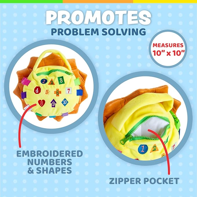 Buckle Toys Benny Lion Stuffed Animal Plush Montessori Toys for Toddlers 1-3 Sensory Toys to Develop Fine Motor Skills and Learn Shapes and Colors, Travel Essentials for Kids, Includes Storage Pocket