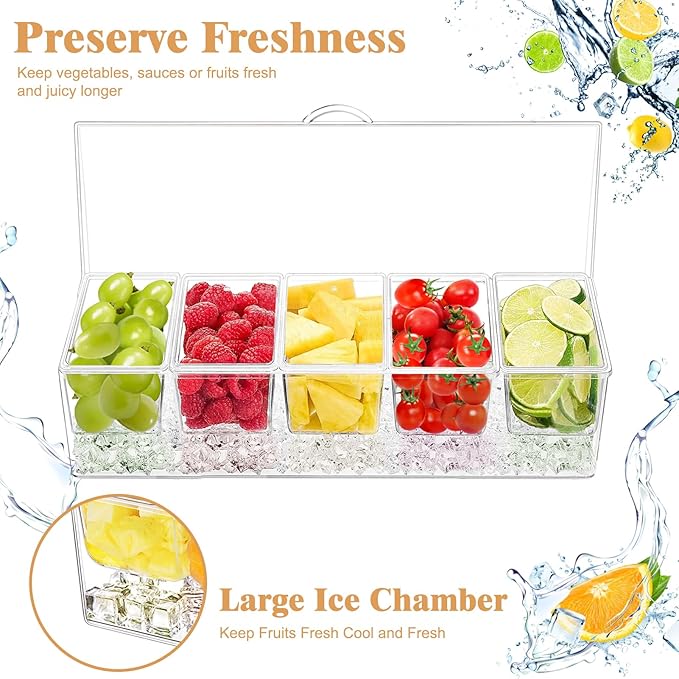 5 Compartment Condiment Server, Ice Chilled Condiment Containers with Lid, Clear Condiment Caddy Serving Tray on Ice with 5 Serving Spoons 5 Fruit Forks 2 Serving Tongs