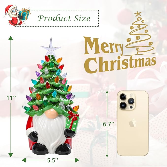 Small Ceramic Christmas Tree Hand-Painted Vintage Tabletop Christmas Tree Holiday Decoration with Multi-Color Lights Green Gnome 11 inch