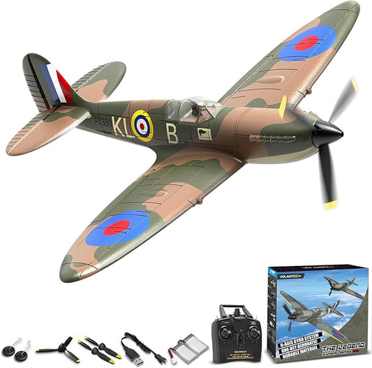 VOLANTEXRC RC Plane Spitfire Fighter 4CH Remote Control Airplane RTF with Aileron, Gyro, Aerobatics & 3 Modes to Fly, Hobby Radio Controlled Warbird Aircraft for Adults, Beginners, Boys (Green)