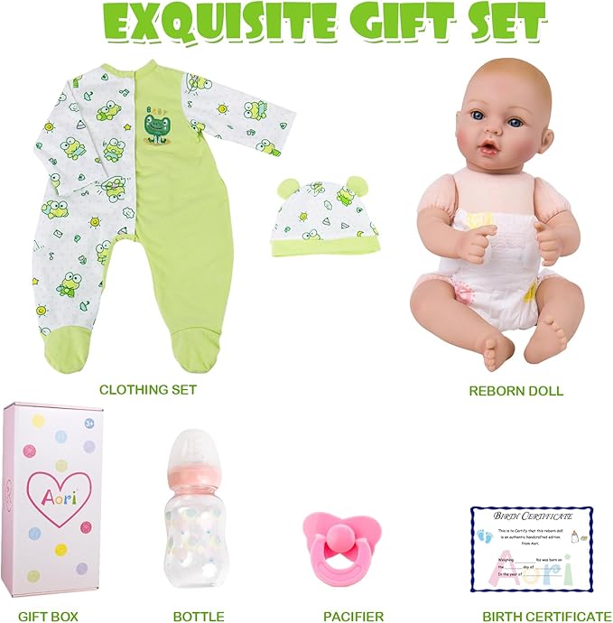 Aori Reborn Baby Dolls Realistic 18 inch - Lifelike Newborn Babies That Look Real, Nice Gift Set for Kids, Parents-to-be, Grandparents