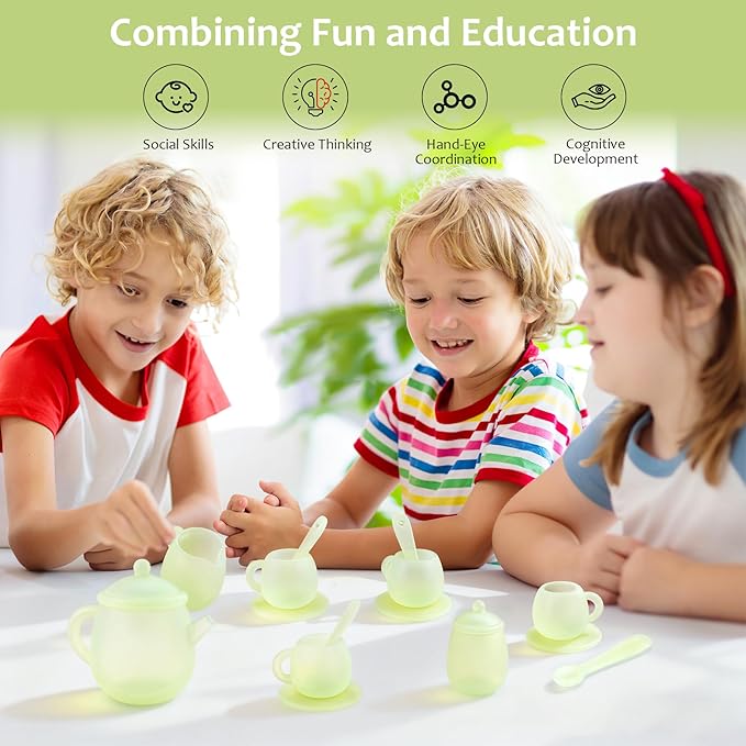 MCGMITT Tea Party Set for Toddler 3-5, 15PCS Silicone Tea Set Kids Tea Set, Includes Teapot, 4 Tea Cups and Coasters, Creamer, Sugar Bowl, 4 Spoons, Kitchen Pretend Play for Little Girls Boys Age 3-6