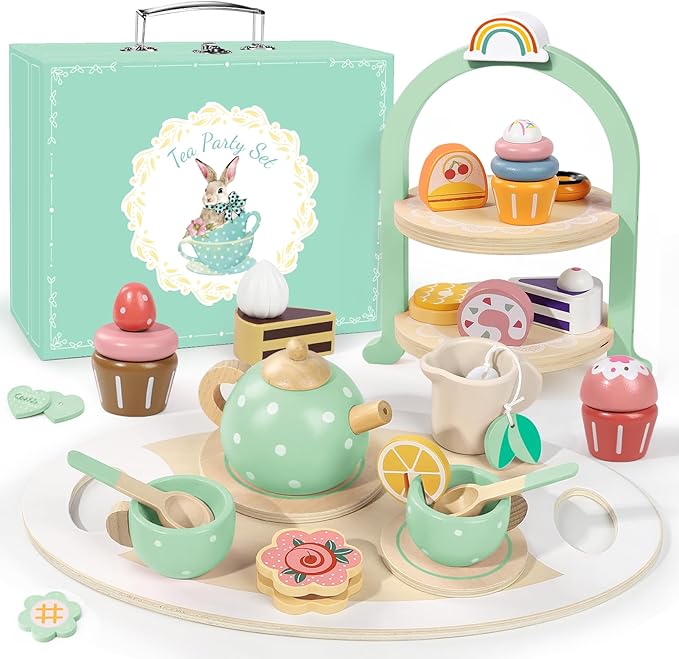 Wooden Tea Party Set for Little Girls, Toddler Pretend Play Food Kitchen Toys, Wooden Tea Set Tray Cake Dessert, Toddler Birthday for Girls Age 2-5 Years Old