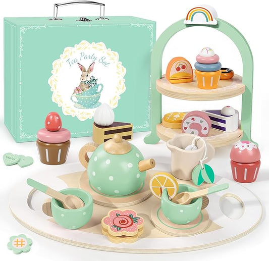 Wooden Tea Party Set for Little Girls, Toddler Pretend Play Food Kitchen Toys, Wooden Tea Set Tray Cake Dessert, Toddler Birthday for Girls Age 2-5 Years Old
