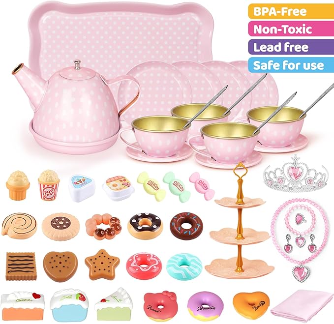 Tea Party Set for Little Girls, 49PCS Princess Tea Time Toys Including Tea Set Dessert Carrying Case, Kids Kitchen Pretend Playset, Tea Set for Girls Birthday Toddler Age 3-8, Pink